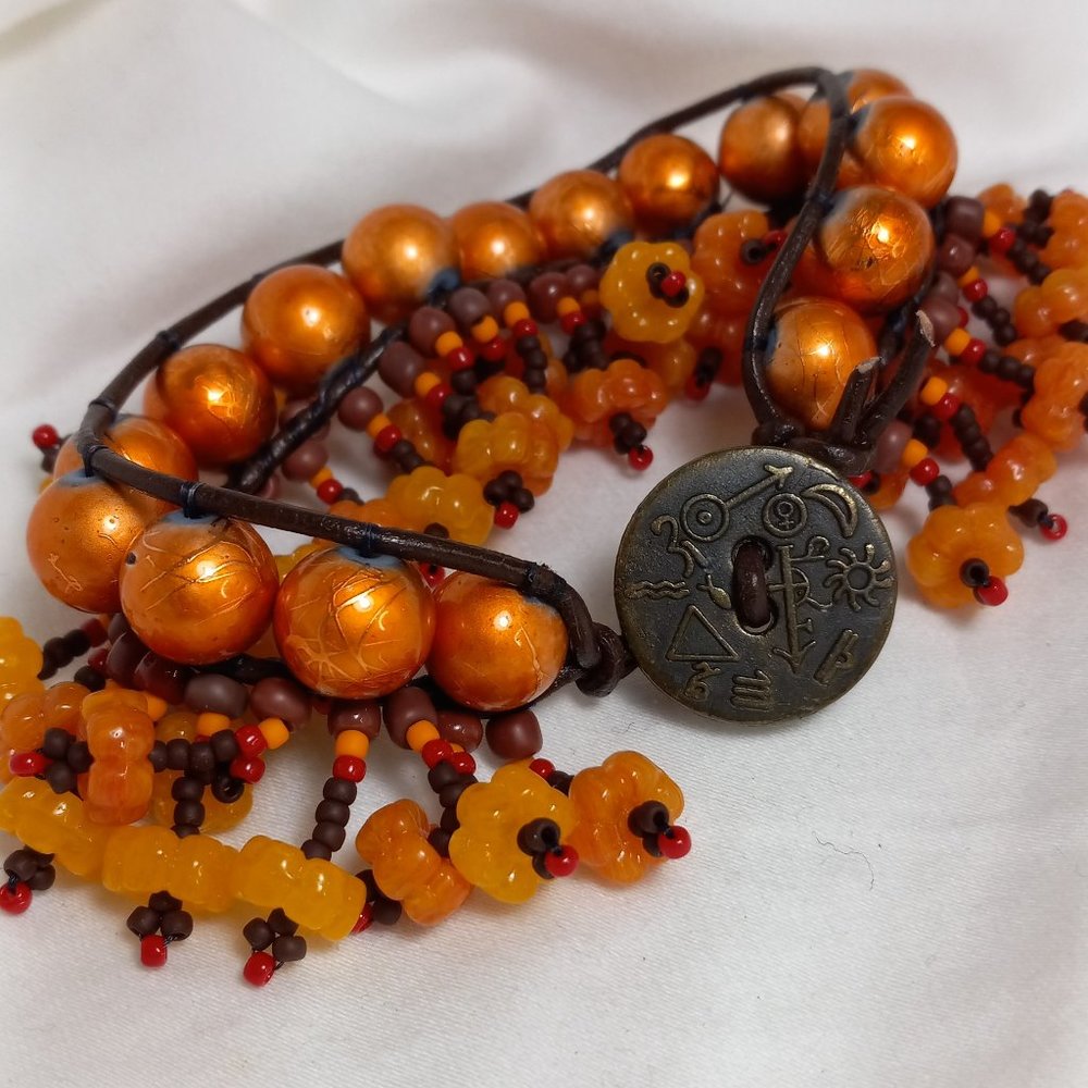 Flowers!  Woven Bracelet w/Drizzled Bronze Glass Beads, Fringe, Vintage Button